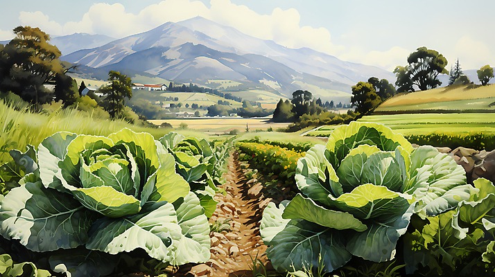 JPG 나무 구름 일러스트 산 풍경 사람없음 농촌 풀 디지털합성 배추 배추밭 밭길 고랭지 고랭지배추 국내일러스트 AI일러스트 AI콘텐츠 자연요소 식물 길 밭 농업 채소 시골 파일형식