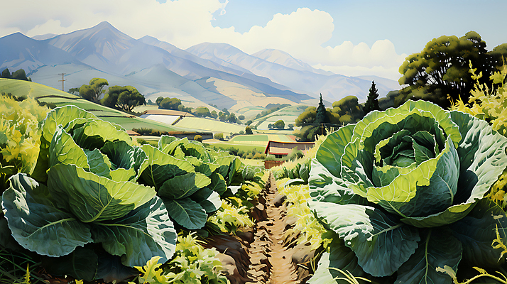 JPG 나무 구름 일러스트 산 풍경 사람없음 농촌 디지털합성 배추 배추밭 밭길 고랭지 고랭지배추 국내일러스트 AI일러스트 AI콘텐츠 자연요소 식물 길 밭 농업 채소 시골 파일형식