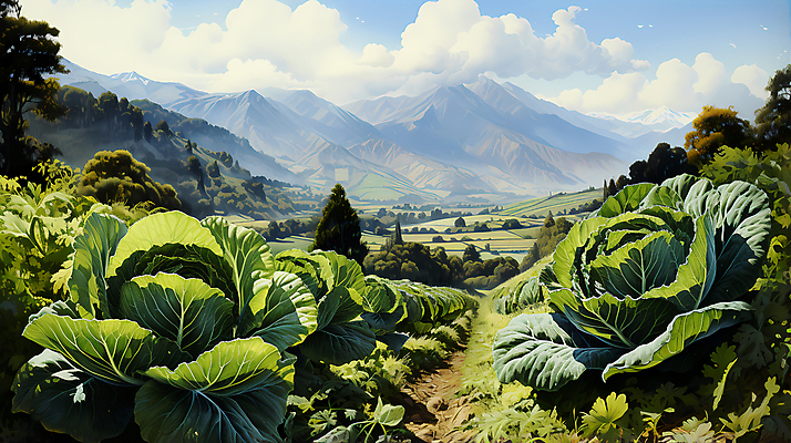 JPG 나무 구름 일러스트 산 풍경 사람없음 농촌 디지털합성 배추 배추밭 밭길 고랭지 고랭지배추 국내일러스트 AI일러스트 AI콘텐츠 자연요소 식물 길 밭 농업 채소 시골 파일형식
