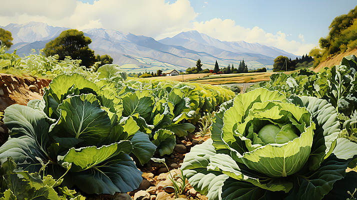JPG 나무 구름 일러스트 산 풍경 사람없음 농촌 디지털합성 배추 배추밭 밭길 고랭지 고랭지배추 국내일러스트 AI일러스트 AI콘텐츠 자연요소 식물 길 밭 농업 채소 시골 파일형식