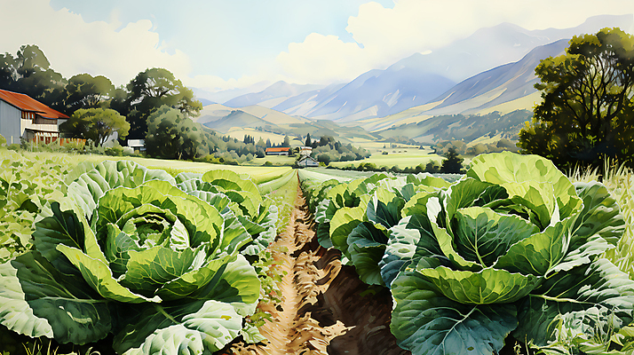 JPG 나무 구름 일러스트 산 풍경 사람없음 농촌 디지털합성 배추 배추밭 밭길 고랭지 고랭지배추 국내일러스트 AI일러스트 AI콘텐츠 자연요소 식물 길 밭 농업 채소 시골 파일형식