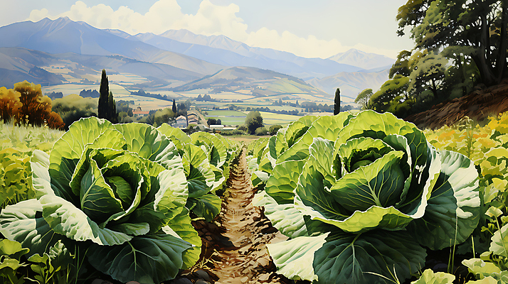 JPG 나무 구름 일러스트 산 풍경 사람없음 농촌 디지털합성 배추 배추밭 밭길 고랭지 고랭지배추 국내일러스트 AI일러스트 AI콘텐츠 자연요소 식물 길 밭 농업 채소 시골 파일형식