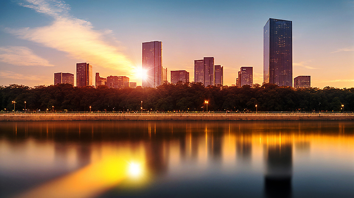 JPG 나무 구름 편집이미지 비즈니스 하늘 빌딩 사람없음 강 태양 반사 일출 도시 빌딩숲 와이드앵글 전경 편집실사 AI포토 AI콘텐츠 자연요소 식물 풍경 건물 노을 CG 파일형식 탑뷰
