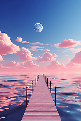 JPG 구름 편집이미지 물결 바다 분홍색 자연 하늘 풍경 사람없음 파란색 일몰 달 부둣가 가교 편집실사 AI컴퓨터그래픽 AI콘텐츠 자연요소 건축물 컬러 노을 항구 CG 생태계 파일형식