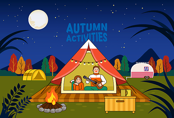 전신 여자 남자 엎드리기 연주 일러스트 탁자 밤하늘 휴식 텐트 앉기 성인 두명 캠핑 머그컵 달 가을 기타 풀 야간 모닥불 남색 캠핑장 캠핑카 알전구 카라반 성인만 액티비티 국내일러스트 AI파일 자연요소 식물 계절 음악 컬러 가구 컨셉 전구 모션 자동차 하늘 불 현악기 레저 캠핑도구 사람 컵 파일형식 벡터