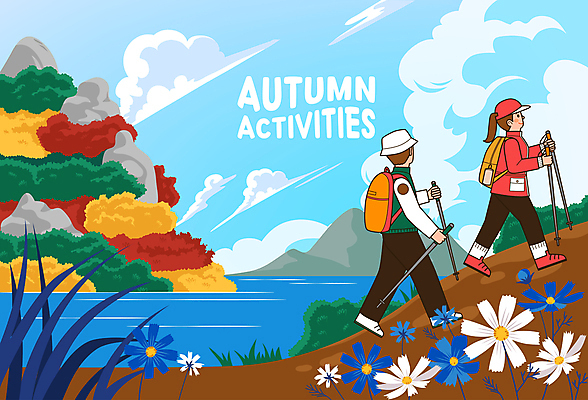 전신 구름 여자 남자 호수 단풍 일러스트 산 풍경 성인 두명 걷기 등산 가을 풀 등산객 돌산 등산복 코스모스 오르기 등산스틱 성인만 액티비티 국내일러스트 AI파일 자연요소 식물 옷 계절 꽃 잎 모션 사람 트래킹 등산용품 파일형식 벡터