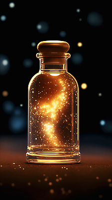 JPG 편집이미지 별 유리병 사람없음 빛 반짝임 노란색 우주 화려 편집실사 AI컴퓨터그래픽 AI콘텐츠 자연요소 컬러 컨셉 모션 병_용기 CG 파일형식