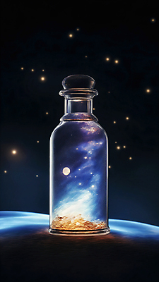 JPG 편집이미지 별 유리병 사람없음 빛 반짝임 우주 달 화려 편집실사 AI컴퓨터그래픽 AI콘텐츠 자연요소 컨셉 모션 병_용기 CG 파일형식