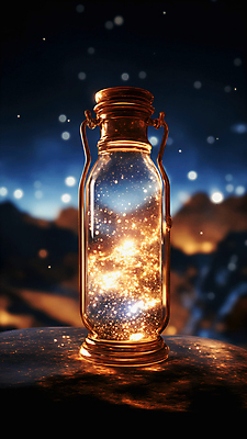 JPG 편집이미지 별 유리병 사람없음 빛 반짝임 우주 화려 편집실사 AI컴퓨터그래픽 AI콘텐츠 자연요소 컨셉 모션 병_용기 CG 파일형식