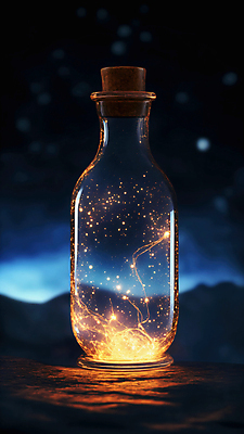 JPG 편집이미지 별 유리병 사람없음 빛 반짝임 우주 화려 편집실사 AI컴퓨터그래픽 AI콘텐츠 자연요소 컨셉 모션 병_용기 CG 파일형식