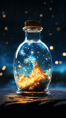 JPG 편집이미지 별 유리병 사람없음 파란색 빛 반짝임 우주 화려 보케 편집실사 AI컴퓨터그래픽 AI콘텐츠 자연요소 컬러 컨셉 모션 병_용기 CG 파일형식
