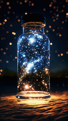 JPG 편집이미지 별 유리병 사람없음 빛 반짝임 우주 화려 보케 편집실사 AI컴퓨터그래픽 AI콘텐츠 자연요소 컨셉 모션 병_용기 CG 파일형식