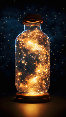 JPG 편집이미지 별 유리병 사람없음 빛 반짝임 노란색 우주 화려 편집실사 AI컴퓨터그래픽 AI콘텐츠 자연요소 컬러 컨셉 모션 병_용기 CG 파일형식