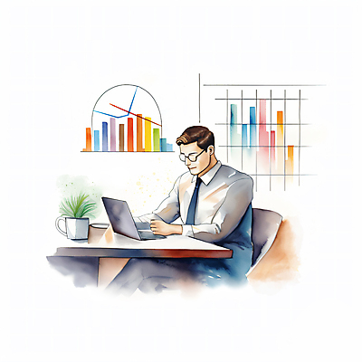 JPG 남자 화분 일러스트 회사 붓터치 그래프 수채화 한명 앉기 정장 상반신 성인 노트북 타이핑 업무 비즈니스맨 분석 번짐 성인남자한명만 안경낌 국내일러스트 AI일러스트 AI콘텐츠 1 옷 안경 컨셉 비즈니스 모션 사람 전자제품 작업 직장인 남자한명만 성인남자만 파일형식 효과