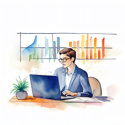 JPG 남자 화분 일러스트 회사 붓터치 그래프 수채화 한명 정장 상반신 성인 노트북 자료 타이핑 업무 비즈니스맨 분석 문서 번짐 성인남자한명만 안경낌 국내일러스트 AI일러스트 AI콘텐츠 1 옷 안경 컨셉 비즈니스 사람 전자제품 작업 직장인 남자한명만 성인남자만 파일형식 효과