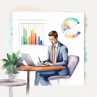 JPG 남자 화분 의자 일러스트 탁자 붓터치 그래프 수채화 한명 앉기 정장 상반신 성인 노트북 자료 다리꼬기 업무 비즈니스맨 분석 문서 번짐 성인남자한명만 안경낌 국내일러스트 AI일러스트 AI콘텐츠 1 옷 안경 가구 컨셉 비즈니스 모션 사람 전자제품 작업 직장인 남자한명만 성인남자만 파일형식 효과