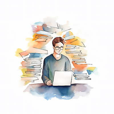 JPG 남자 일러스트 회사 붓터치 수채화 한명 상반신 성인 노트북 자료 타이핑 업무 비즈니스맨 번짐 책더미 성인남자한명만 안경낌 국내일러스트 AI일러스트 AI콘텐츠 1 안경 비즈니스 사람 책 전자제품 작업 직장인 무더기 남자한명만 성인남자만 파일형식 효과