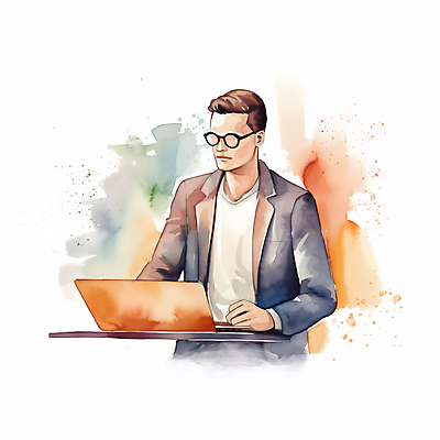 JPG 남자 일러스트 붓터치 수채화 한명 정장 상반신 성인 노트북 타이핑 업무 비즈니스맨 번짐 성인남자한명만 안경낌 국내일러스트 AI일러스트 AI콘텐츠 1 옷 안경 비즈니스 사람 전자제품 작업 직장인 남자한명만 성인남자만 파일형식 효과