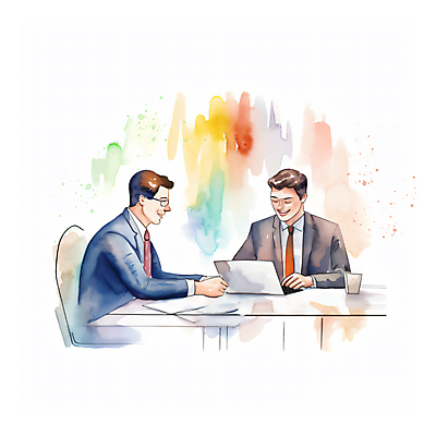 JPG 남자 일러스트 회사 회의 붓터치 협력 수채화 웃음 정장 상반신 성인 두명 노트북 타이핑 업무 비즈니스맨 책상 문서 번짐 성인남자만 국내일러스트 AI일러스트 AI콘텐츠 옷 가구 비즈니스 표정 사람 전자제품 작업 직장인 남자만 성인만 파일형식 효과