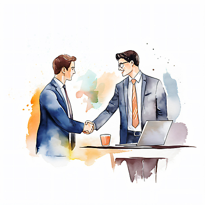 JPG 남자 일러스트 회사 탁자 회의 붓터치 수채화 악수 협상 정장 상반신 성인 두명 컵 노트북 업무 비즈니스맨 계약 번짐 계약체결 성인남자만 국내일러스트 AI일러스트 AI콘텐츠 식기 옷 가구 비즈니스 사람 손짓 전자제품 작업 직장인 남자만 성인만 파일형식 효과