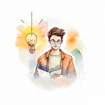 JPG 남자 생각 일러스트 전구 붓터치 수채화 아이디어 한명 들기 상반신 성인 책 눈감음 업무 비즈니스맨 번짐 성인남자한명만 안경낌 국내일러스트 AI일러스트 AI콘텐츠 1 안경 컨셉 비즈니스 모션 사람 작업 직장인 남자한명만 성인남자만 파일형식 효과