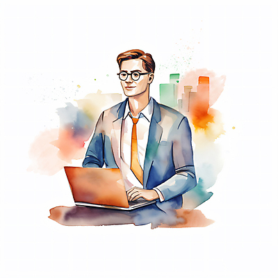 JPG 남자 일러스트 회사 붓터치 수채화 한명 정장 상반신 성인 노트북 타이핑 업무 비즈니스맨 번짐 성인남자한명만 안경낌 국내일러스트 AI일러스트 AI콘텐츠 1 옷 안경 비즈니스 사람 전자제품 작업 직장인 남자한명만 성인남자만 파일형식 효과