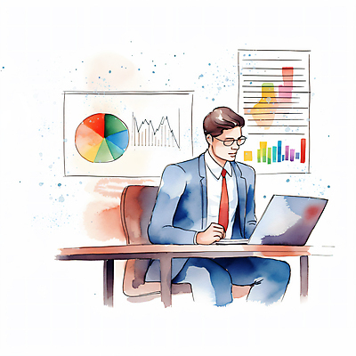 JPG 남자 일러스트 회사 붓터치 그래프 수채화 한명 앉기 정장 상반신 성인 노트북 자료 업무 비즈니스맨 분석 번짐 성인남자한명만 안경낌 국내일러스트 AI일러스트 AI콘텐츠 1 옷 안경 컨셉 비즈니스 모션 사람 전자제품 작업 직장인 남자한명만 성인남자만 파일형식 효과
