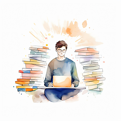 JPG 남자 일러스트 붓터치 수채화 한명 상반신 성인 노트북 타이핑 업무 비즈니스맨 번짐 책더미 성인남자한명만 안경낌 국내일러스트 AI일러스트 AI콘텐츠 1 안경 비즈니스 사람 책 전자제품 작업 직장인 무더기 남자한명만 성인남자만 파일형식 효과