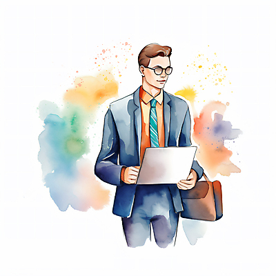 JPG 남자 서류가방 일러스트 회사 붓터치 수채화 한명 들기 정장 상반신 성인 노트북 업무 비즈니스맨 번짐 성인남자한명만 안경낌 국내일러스트 AI일러스트 AI콘텐츠 1 옷 안경 가방 비즈니스 모션 사람 전자제품 작업 직장인 남자한명만 성인남자만 파일형식 효과