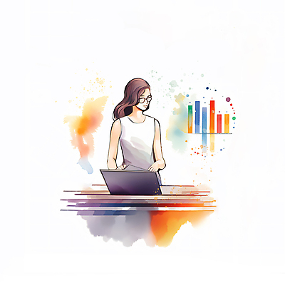 JPG 여자 일러스트 회사 붓터치 그래프 수채화 한명 상반신 성인 노트북 자료 업무 비즈니스우먼 분석 번짐 성인여자한명만 안경낌 국내일러스트 AI일러스트 AI콘텐츠 1 안경 컨셉 비즈니스 사람 전자제품 작업 직장인 여자한명만 성인여자만 파일형식 효과