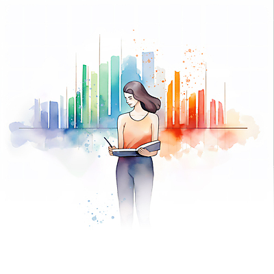 JPG 여자 일러스트 회사 붓터치 그래프 수채화 한명 들기 성인 책 펜 자료 업무 비즈니스우먼 분석 번짐 성인여자한명만 국내일러스트 AI일러스트 AI콘텐츠 1 컨셉 비즈니스 모션 사람 필기구 작업 직장인 여자한명만 성인여자만 파일형식 효과