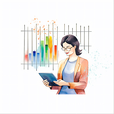 JPG 여자 일러스트 회사 붓터치 그래프 수채화 한명 들기 정장 상반신 성인 태블릿 자료 업무 비즈니스우먼 분석 번짐 성인여자한명만 안경낌 국내일러스트 AI일러스트 AI콘텐츠 1 옷 안경 컨셉 비즈니스 모션 사람 전자제품 스마트기기 작업 직장인 여자한명만 성인여자만 파일형식 효과