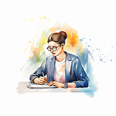 JPG 여자 안경 일러스트 회사 붓터치 수채화 한명 정장 상반신 성인 펜 기록 업무 비즈니스우먼 손목시계 문서 번짐 성인여자한명만 안경낌 국내일러스트 AI일러스트 AI콘텐츠 1 잡화 옷 시계 비즈니스 장신구 사람 필기구 작업 직장인 여자한명만 성인여자만 파일형식 효과