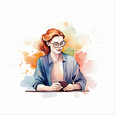 JPG 여자 일러스트 회사 붓터치 수채화 한명 들기 정장 상반신 성인 스마트폰 업무 비즈니스우먼 번짐 성인여자한명만 안경낌 국내일러스트 AI일러스트 AI콘텐츠 1 옷 안경 비즈니스 모션 사람 핸드폰 스마트기기 작업 직장인 여자한명만 성인여자만 파일형식 효과