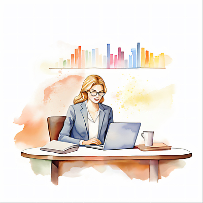 JPG 여자 일러스트 회사 붓터치 그래프 수채화 한명 앉기 정장 상반신 성인 책 노트북 자료 타이핑 업무 비즈니스우먼 책상 분석 문서 번짐 성인여자한명만 안경낌 국내일러스트 AI일러스트 AI콘텐츠 1 옷 안경 가구 컨셉 비즈니스 모션 사람 전자제품 작업 직장인 여자한명만 성인여자만 파일형식 효과