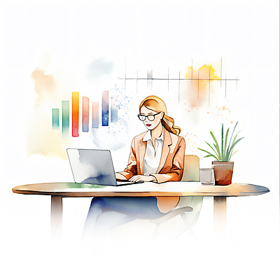 JPG 여자 화분 일러스트 회사 붓터치 그래프 수채화 한명 앉기 정장 상반신 성인 노트북 자료 타이핑 업무 비즈니스우먼 책상 분석 번짐 성인여자한명만 안경낌 국내일러스트 AI일러스트 AI콘텐츠 1 옷 안경 가구 컨셉 비즈니스 모션 사람 전자제품 작업 직장인 여자한명만 성인여자만 파일형식 효과