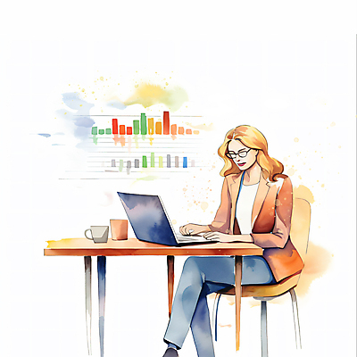 JPG 전신 여자 의자 일러스트 회사 붓터치 그래프 수채화 한명 앉기 정장 상반신 성인 컵 노트북 자료 타이핑 업무 비즈니스우먼 책상 분석 번짐 성인여자한명만 안경낌 국내일러스트 AI일러스트 AI콘텐츠 1 식기 옷 안경 가구 컨셉 비즈니스 모션 사람 전자제품 작업 직장인 여자한명만 성인여자만 파일형식 효과