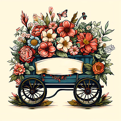 JPG 편집이미지 꽃 리본 나비 잎 사람없음 농장 빈티지 풀 심볼 디지털합성 꽃마차 이미지편집 편집실사 식물 곤충 컨셉 농업 CG 마차 파일형식