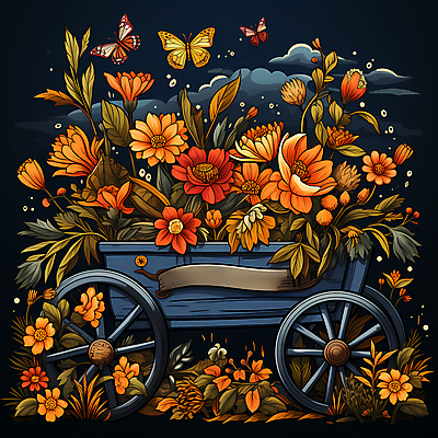 JPG 구름 편집이미지 꽃 리본 나비 잎 자연 사람없음 농장 주황색 빈티지 풀 남색 심볼 디지털합성 꽃마차 이미지편집 편집실사 자연요소 식물 컬러 곤충 컨셉 농업 CG 생태계 마차 파일형식