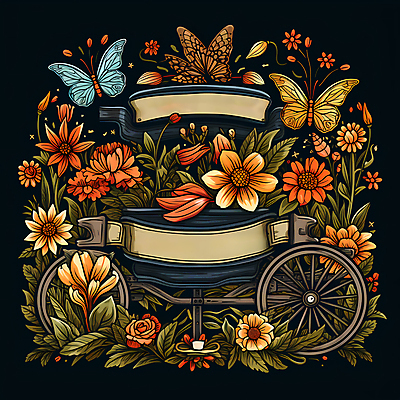 JPG 편집이미지 꽃 리본 나비 잎 사람없음 농장 주황색 빈티지 풀 심볼 디지털합성 꽃마차 이미지편집 편집실사 식물 컬러 곤충 컨셉 농업 CG 마차 파일형식