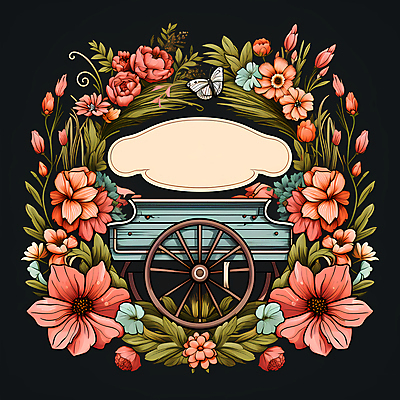 JPG 편집이미지 꽃 분홍색 나비 잎 사람없음 농장 빈티지 풀 심볼 디지털합성 꽃마차 이미지편집 편집실사 식물 컬러 곤충 컨셉 농업 CG 마차 파일형식