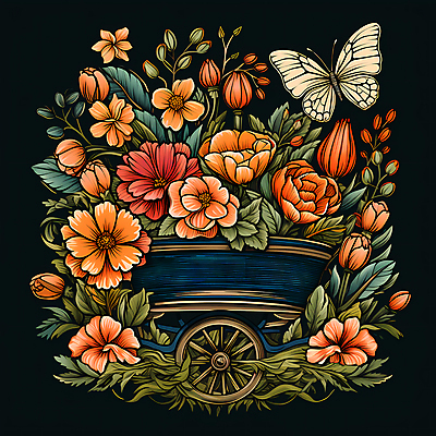 JPG 편집이미지 꽃 나비 잎 사람없음 농장 주황색 빈티지 풀 심볼 디지털합성 꽃마차 이미지편집 편집실사 식물 컬러 곤충 컨셉 농업 CG 마차 파일형식