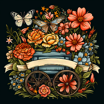 JPG 편집이미지 꽃 리본 나비 잎 사람없음 농장 빈티지 풀 심볼 디지털합성 꽃마차 이미지편집 편집실사 식물 곤충 컨셉 농업 CG 마차 파일형식