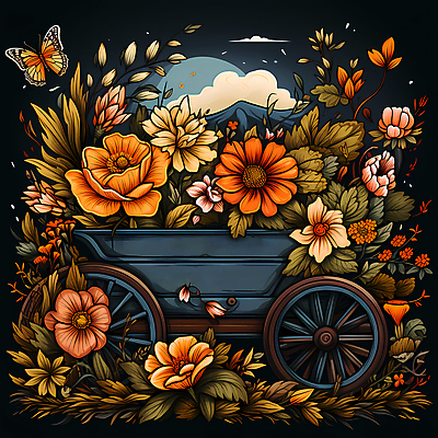 JPG 구름 편집이미지 꽃 나비 잎 산 사람없음 농장 주황색 빈티지 풀 심볼 디지털합성 꽃마차 이미지편집 편집실사 자연요소 식물 컬러 곤충 컨셉 농업 CG 마차 파일형식
