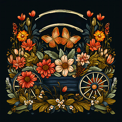 JPG 편집이미지 꽃 나비 잎 사람없음 농장 빈티지 풀 심볼 디지털합성 꽃마차 이미지편집 편집실사 식물 곤충 컨셉 농업 CG 마차 파일형식