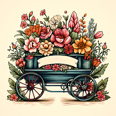 JPG 편집이미지 꽃 리본 잎 사람없음 농장 빈티지 풀 심볼 디지털합성 꽃마차 이미지편집 편집실사 식물 컨셉 농업 CG 마차 파일형식