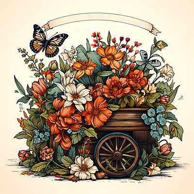 JPG 편집이미지 꽃 리본 나비 잎 사람없음 농장 빈티지 풀 심볼 디지털합성 꽃마차 이미지편집 편집실사 식물 곤충 컨셉 농업 CG 마차 파일형식