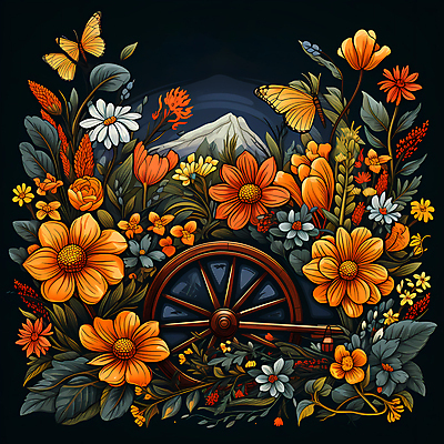 JPG 편집이미지 꽃 나비 잎 산 사람없음 농장 주황색 빈티지 풀 심볼 디지털합성 꽃마차 이미지편집 편집실사 식물 컬러 곤충 컨셉 농업 CG 마차 파일형식