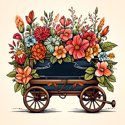 JPG 편집이미지 꽃 분홍색 잎 사람없음 농장 빈티지 풀 심볼 디지털합성 꽃마차 이미지편집 편집실사 식물 컬러 컨셉 농업 CG 마차 파일형식