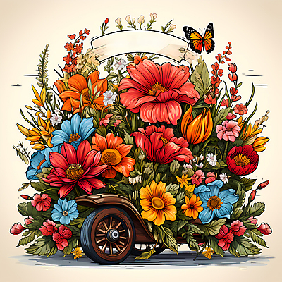 JPG 편집이미지 꽃 리본 나비 잎 사람없음 농장 빈티지 풀 심볼 디지털합성 꽃마차 이미지편집 편집실사 식물 곤충 컨셉 농업 CG 마차 파일형식